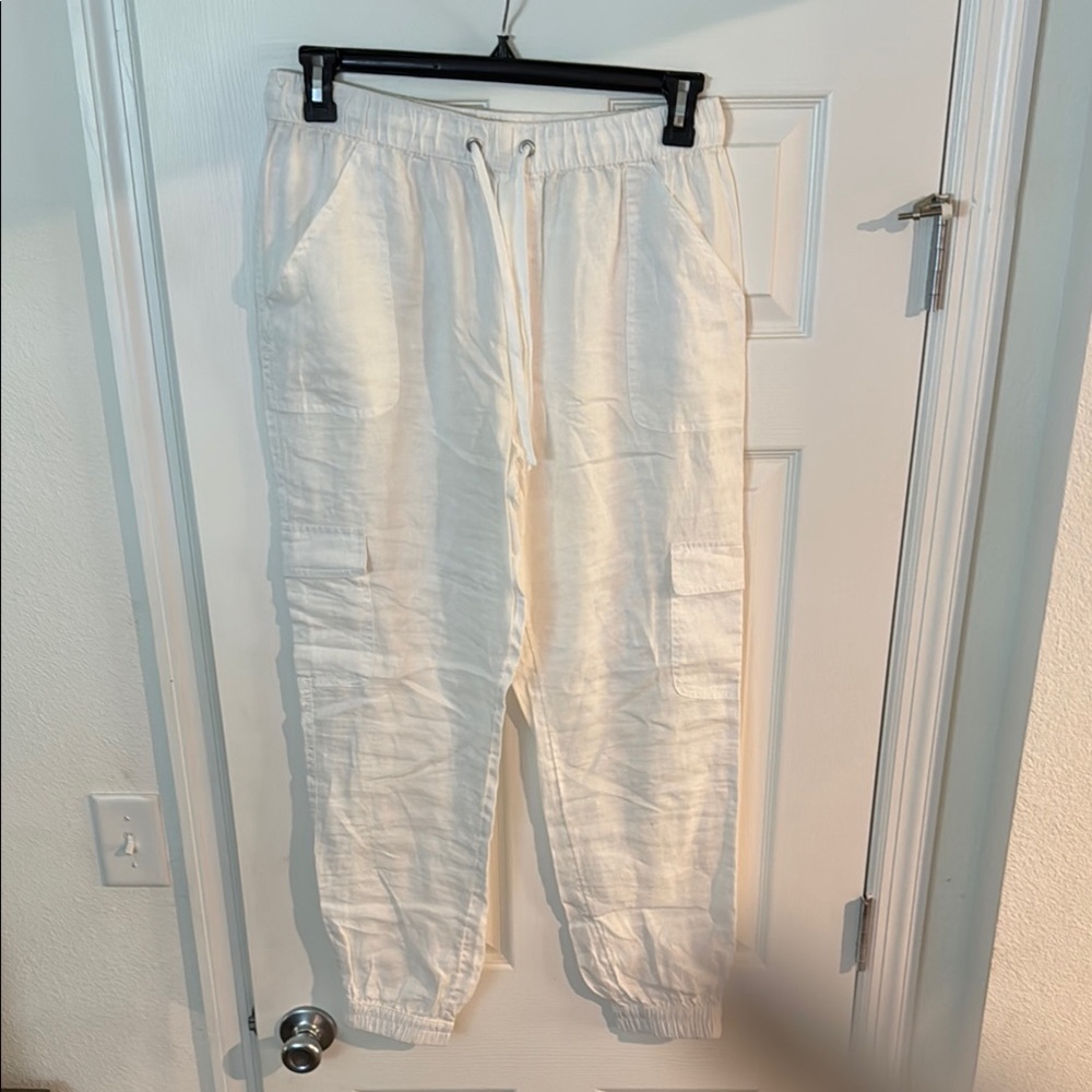 Nicole Miller Cream/Off White Drawstring Linen Pants